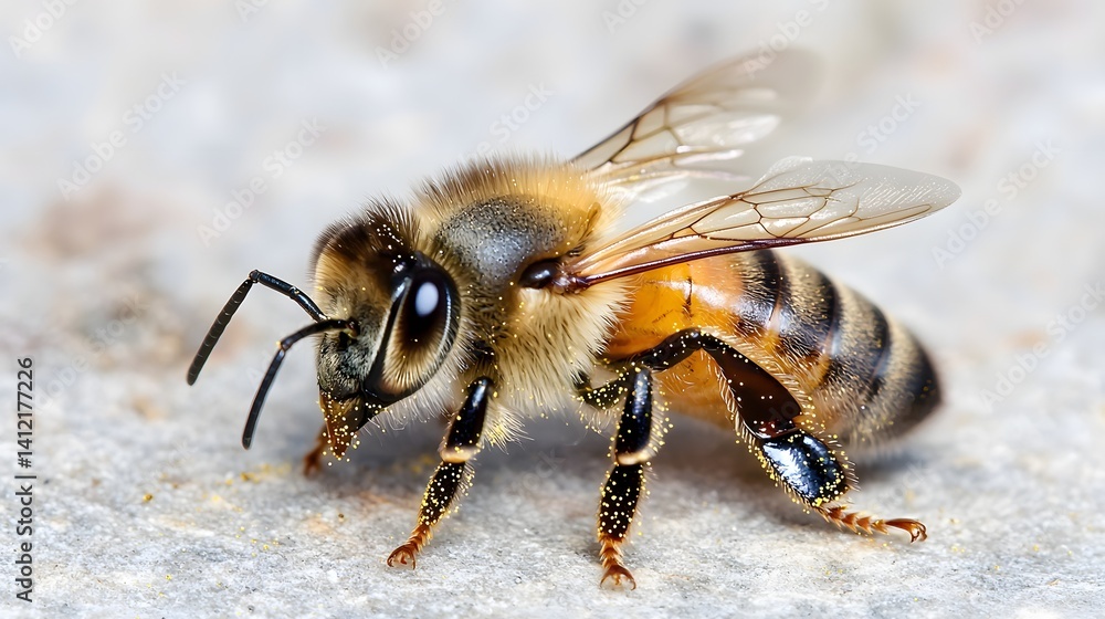 Detailed photograph of a honeybee s fuzzy body and legs with tiny pollen grains stuck to its hairy surface Detailed photograph of a honeybee s fuzzy body and legs with tiny pollen grains stuck to its hairy surface
