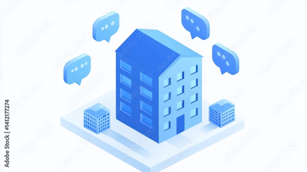 Isometric Building with Feedback Bubbles. Possible use Business Communication, Real Estate, Architectural Design Isometric Building with Feedback Bubbles. Possible use Business Communication, Real Estate, Architectural Design