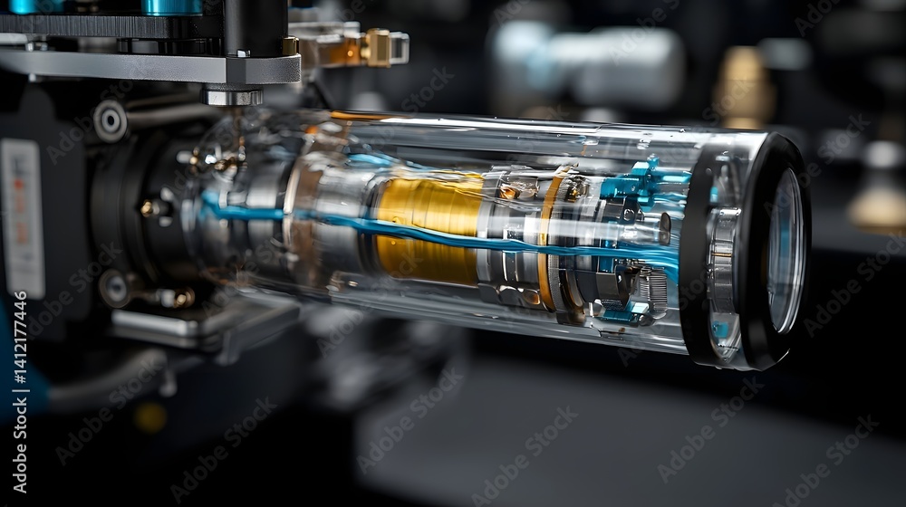Detailed shot of a high pressure water gun showcasing its intricate internal mechanism and the flow of water through the nozzle Detailed shot of a high pressure water gun showcasing its intricate internal mechanism and the flow of water through the nozzle