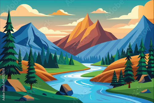 River Mountains Forest Vector Illustration  
