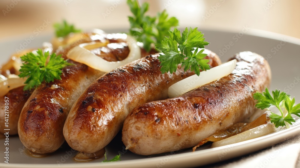 Appetizing Grilled Sausages with Caramelized Onions and Fresh Parsley on Plate Delicious Meal Closeup Appetizing Grilled Sausages with Caramelized Onions and Fresh Parsley on Plate Delicious Meal Closeup