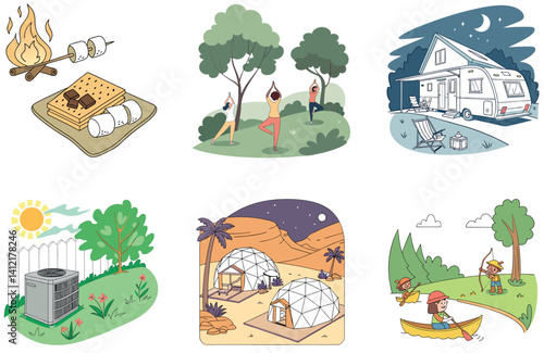 Camping Bundle. Resting Man Sunset Relaxation Collection Illustrations