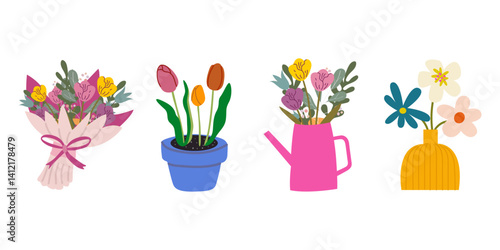 Vector set of colorful spring flowers in vases and pots. Flower gifts for Mothers Day, birthday, womens day and other holidays. Cute cartoon abstract wildflowers, tulips, daisies