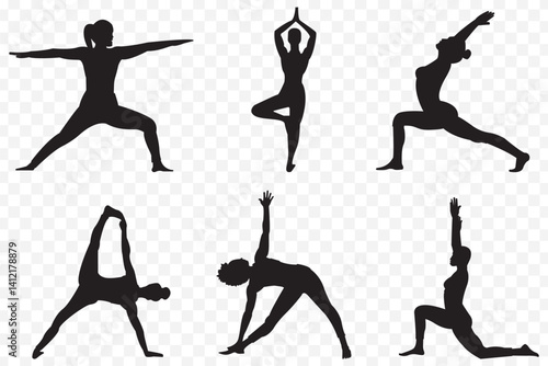 silhouette of a woman doing yoga. Set of 6 Silhouette Yoga Poses Flexible Poses for Fitness, Health, and Wellness Designson Transparent Background. EPS 10.