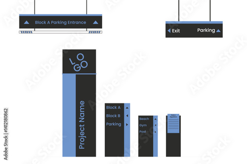 Wayfinding system signage mockup set Direction signs Exterior and interior way finding design