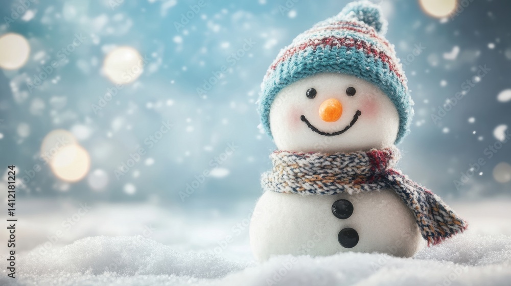Charming Snowman with a Colorful Hat and Scarf in a Winter Scene Charming Snowman with a Colorful Hat and Scarf in a Winter Scene