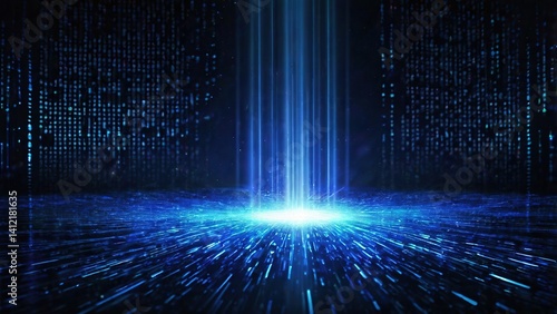 Bright blue binary code glows against a dark, abstract backdrop