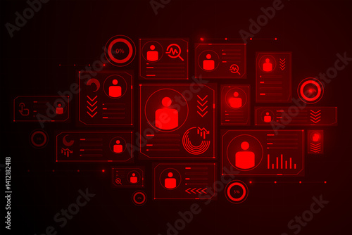 Vector illustration. Digital panels with user icons and alert arrows show mass layoffs and job automation shock. Concept of employment crisis, job loss, insecurity, tech failure, recession.