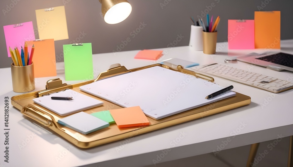 White clipboard mockup wtih workspace accessories on a white table. White clipboard mockup wtih workspace accessories on a white table.