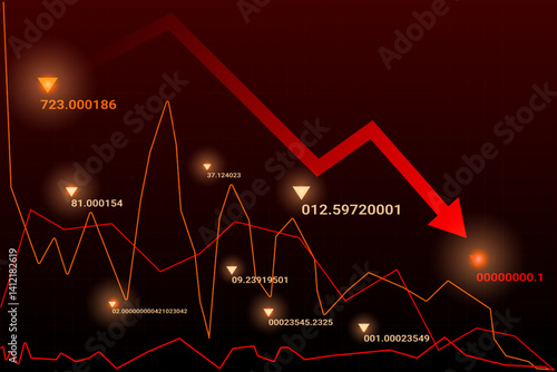 Numbers and arrows dropping across black background represent currency crash and fear. Vector illustration. Concept of inflation surge, panic selling, cost crisis, instability, crash.