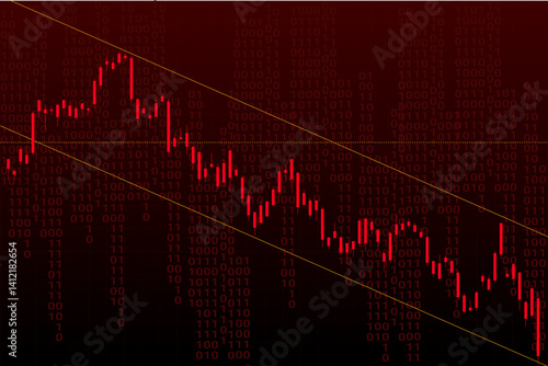 Candlestick chart descending inside yellow channel over data stream, symbolizing sanctions. Vector illustration. Concept of supply disruption, trade war, contraction, crisis, decline.