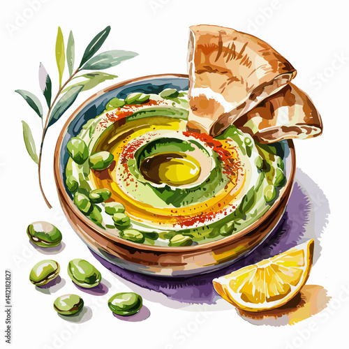 Watercolor Fava Bean Hummus with Pita and Olive Oil