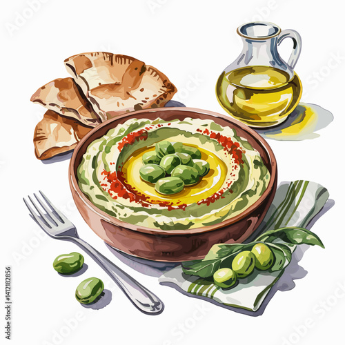 Watercolor Fava Bean Hummus with Pita and Olive Oil