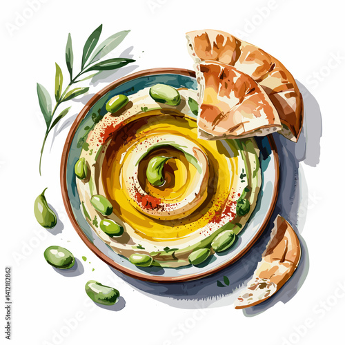 Watercolor Fava Bean Hummus with Pita and Olive Oil