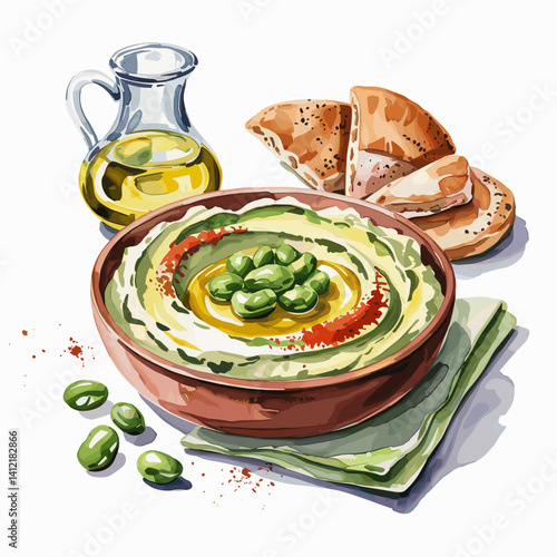 Watercolor Fava Bean Hummus with Pita and Olive Oil