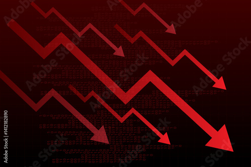Zigzagging arrows falling over binary code, visualizing inflation, trade contraction, job cuts. Vector illustration. Concept of stagflation, slowdown, wage stagnation, crisis, collapse.