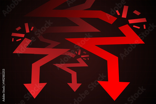 Jagged red arrows break mid-path and plunge, representing chain reaction of crisis and collapse. Vector illustration. Concept of market instability, inflation shock, panic, economic domino effect