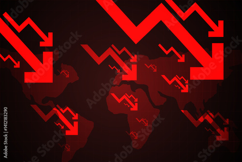 Multiple red arrows falling across world map symbolize global synchronized economic decline. Vector illustration. Concept of global recession, market crash, economic contraction, trade collapse.