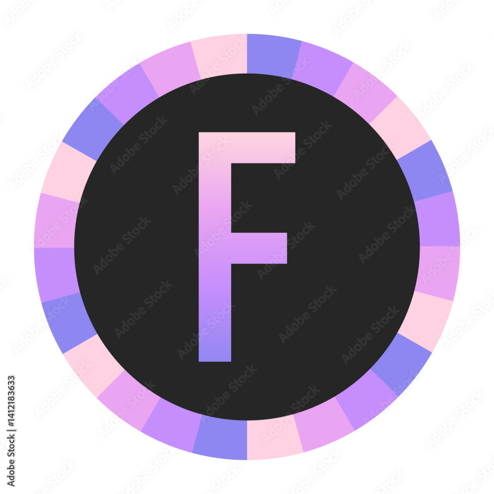 Gradient CAPITAL Letter F in Purple and Pink with Pastel Pink and Blue Circular Frame on Light Background