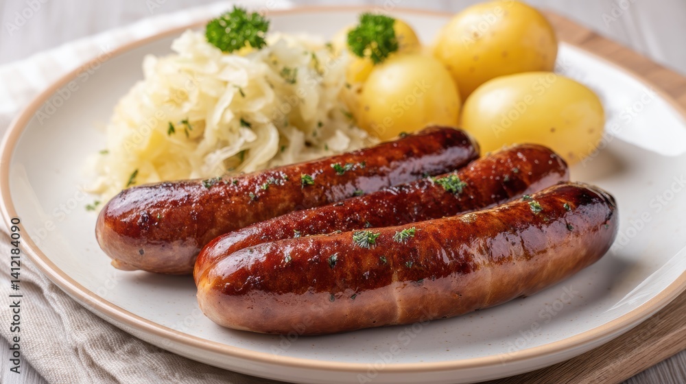 Appetizing german sausages with potato and sauerkraut on plate close up for food photography Appetizing german sausages with potato and sauerkraut on plate close up for food photography