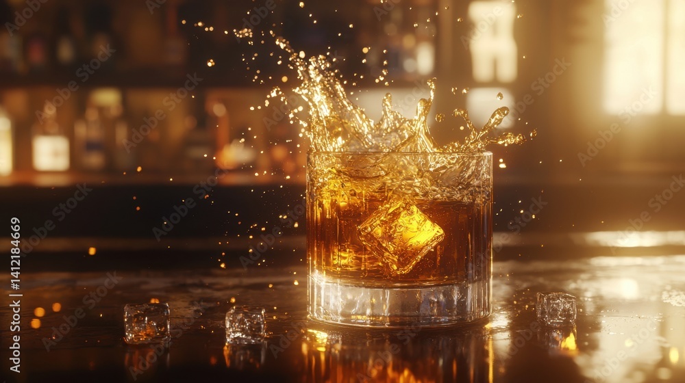 A glass filled with whiskey sits on a bar counter. Ice cubes splash, creating a dynamic visual while warm light enhances the cozy ambiance of the bar during the evening A glass filled with whiskey sits on a bar counter. Ice cubes splash, creating a dynamic visual while warm light enhances the cozy ambiance of the bar during the evening