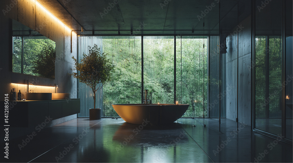 A contemporary bathroom featuring a stylish freestanding bathtub illuminated by soft lighting, surrounded by glass walls that open to a lush green view