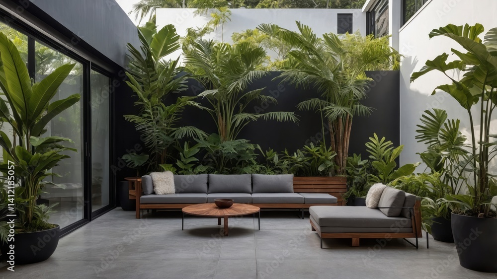 Fototapeta premium Modern outdoor living space featuring lush greenery and contemporary furniture
