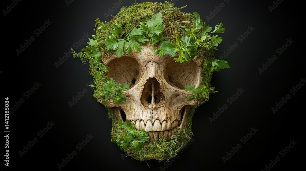 Naklejka premium Abstract art of a skull adorned with flora dark background digital artwork enigmatic environment artistic concept