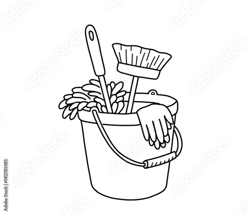 Cleaning bucket with gloves, brush and rag hand drawn in doodle style. Vector line art illustration.