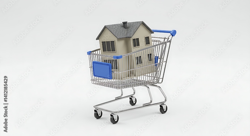 Home Buying Concept: Mock-Up House in Shopping Cart Symbolizing Real Estate Purchase Home Buying Concept: Mock-Up House in Shopping Cart Symbolizing Real Estate Purchase