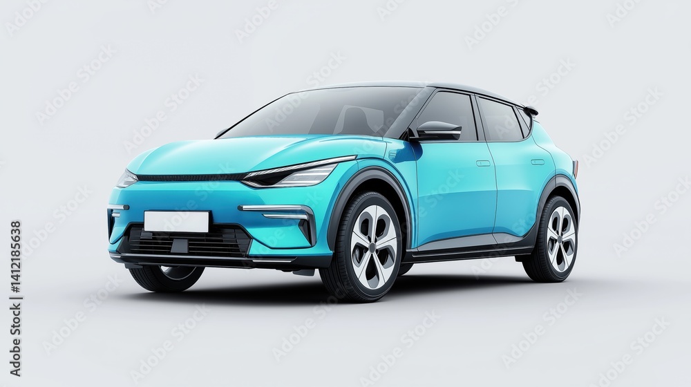 A compact electric blue electric car mockup with a modern and clean design, viewed at a front-side angle. A compact electric blue electric car mockup with a modern and clean design, viewed at a front-side angle.
