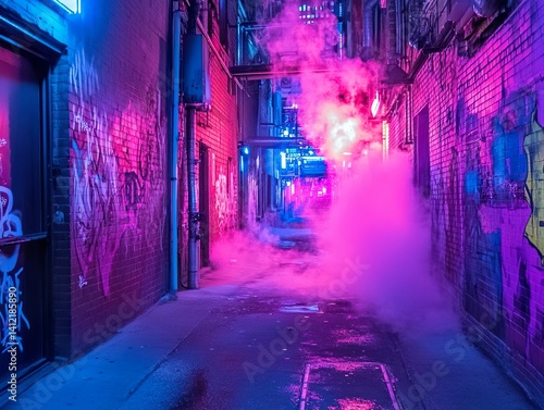 Pink and blue smoke billows down a dark, graffiti-tagged alleyway illuminated by the harsh glow of neon signs, creating an atmospheric cyberpunk urban environment.