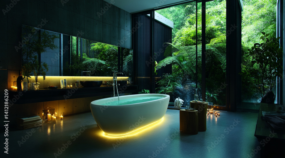 A contemporary bathroom featuring a stylish freestanding bathtub illuminated by soft lighting, surrounded by glass walls that open to a lush green view