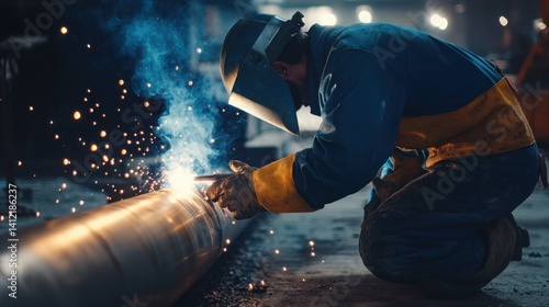 Construction worker welding metal pipes together at a building site. Featuring strength and precision