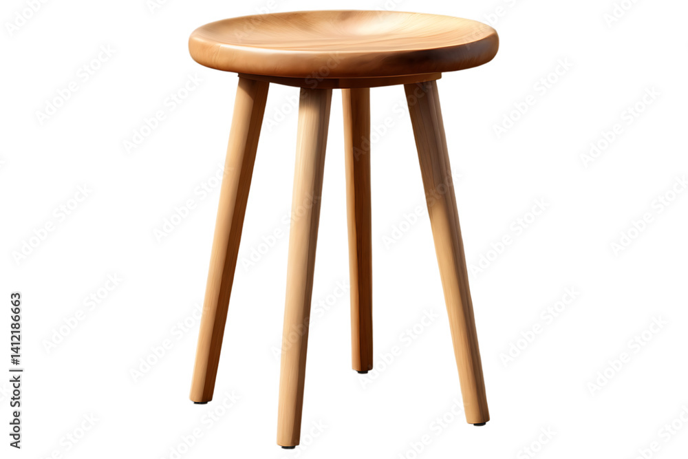Wooden Three-Legged Stool with Rounded Seat on transparent Background Wooden Three-Legged Stool with Rounded Seat on transparent Background