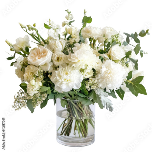 White flowers in a vase on transparent background.