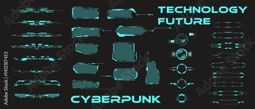 Elements in cyberpunk style. Abstract geometric patterns. Futuristic technology icons