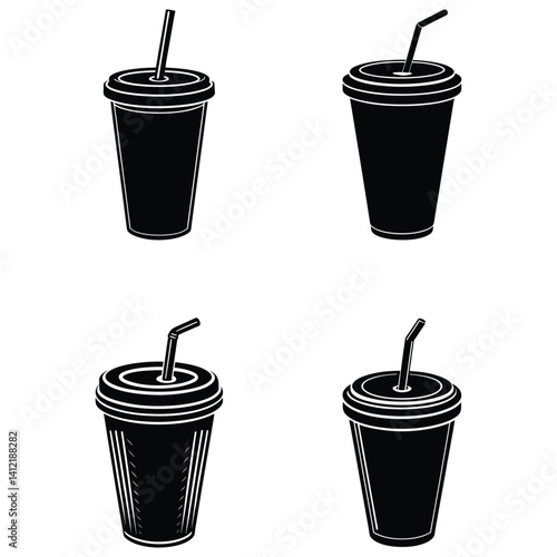 Four Black Silhouettes of Disposable Cups with Straws