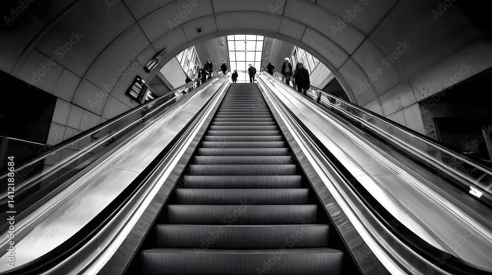 High speed capture of an escalator with blurred steps conveying a sense of motion and efficiency in a sleek geometrically designed public transit environment High speed capture of an escalator with blurred steps conveying a sense of motion and efficiency in a sleek geometrically designed public transit environment
