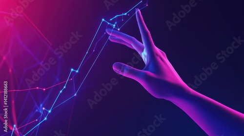 Hand interacts with digital data lines, creating a futuristic, tech-savvy visual