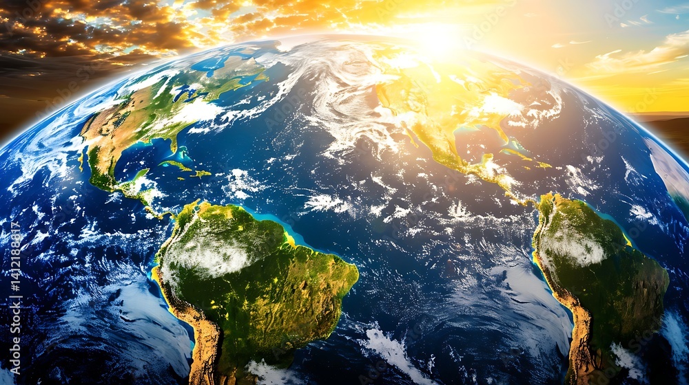 Fototapeta premium A Celestial View of Earth: Sunrise Over the Americas with Cloud Formations