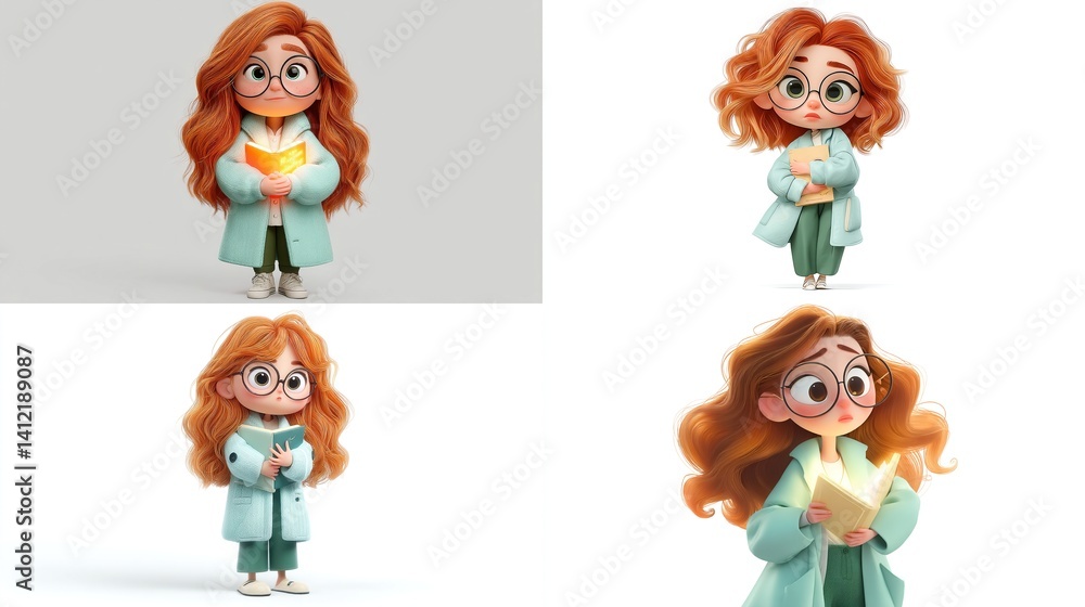 Cute girl character with book, different poses. Cute girl character with book, different poses.