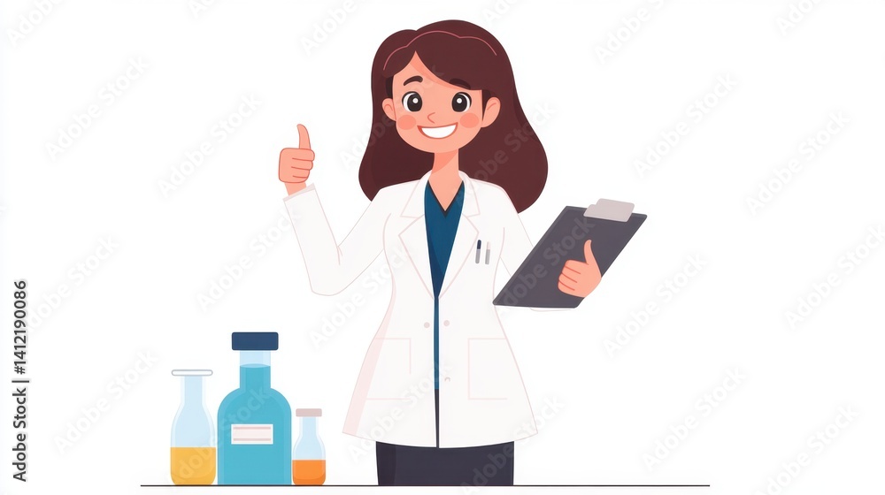 A smiling woman in a lab coat holding a clipboard and showing a thumbs-up, representing achievement in scientific or medical work. A smiling woman in a lab coat holding a clipboard and showing a thumbs-up, representing achievement in scientific or medical work.