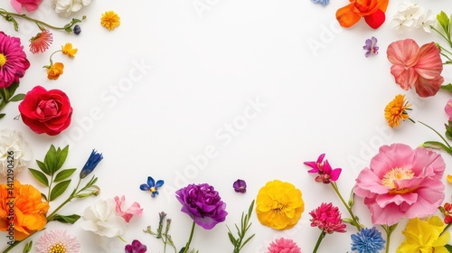 A vibrant array of colorful flowers arranged in a circular frame on a pristine white background provides ample copy space for text or design elements.