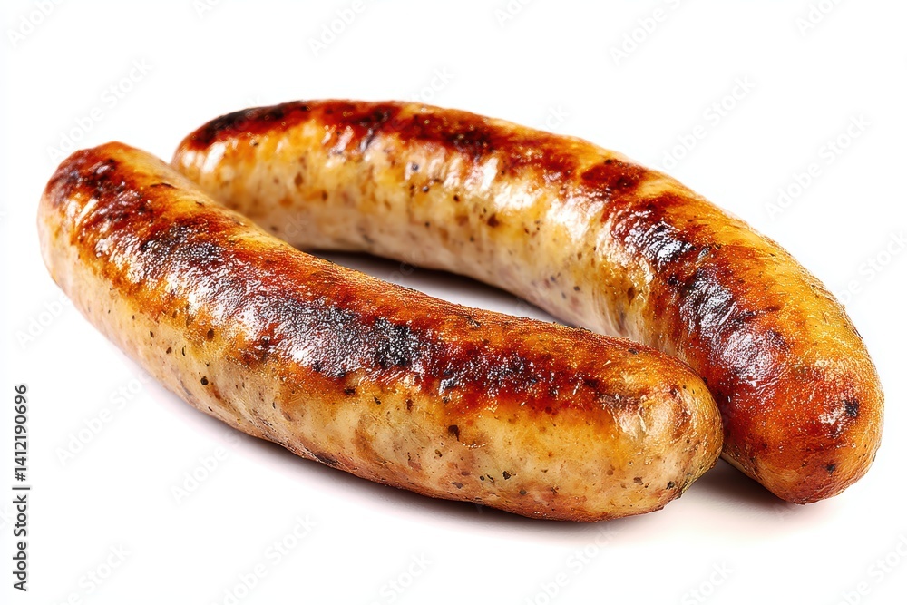 Delicious Grilled Bratwurst Pair for Festive Meal Juicy Gourmet Delight on White Background Closeup Shot Delicious Grilled Bratwurst Pair for Festive Meal Juicy Gourmet Delight on White Background Closeup Shot