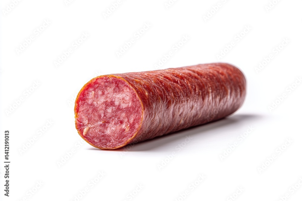 Salami sausage detailed texture on white backdrop showcasing delicious gourmet food isolated shot studio style Salami sausage detailed texture on white backdrop showcasing delicious gourmet food isolated shot studio style