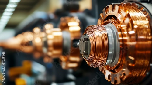 Close-up of copper wire coils in a high-tech industrial machine component