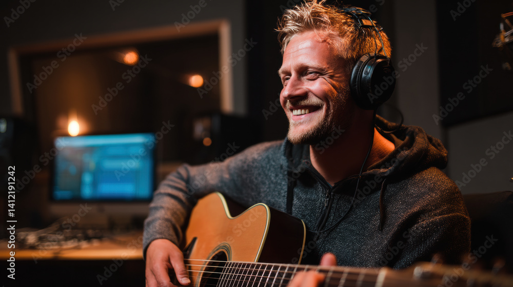 Obraz premium Smiling musician with guitar in recording studio