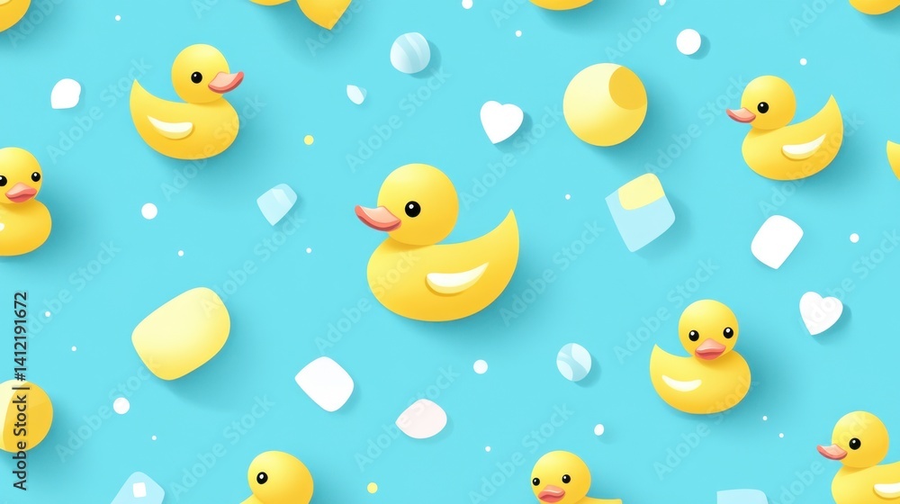 A vibrant pattern of yellow rubber ducks on a blue background, creating a fun and lighthearted scene with a playful feel. Ideal for children's bath themes. A vibrant pattern of yellow rubber ducks on a blue background, creating a fun and lighthearted scene with a playful feel. Ideal for children's bath themes.