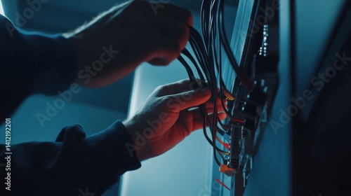 Electrician connecting power cables to a junction box in an office. Featuring efficiency and care
